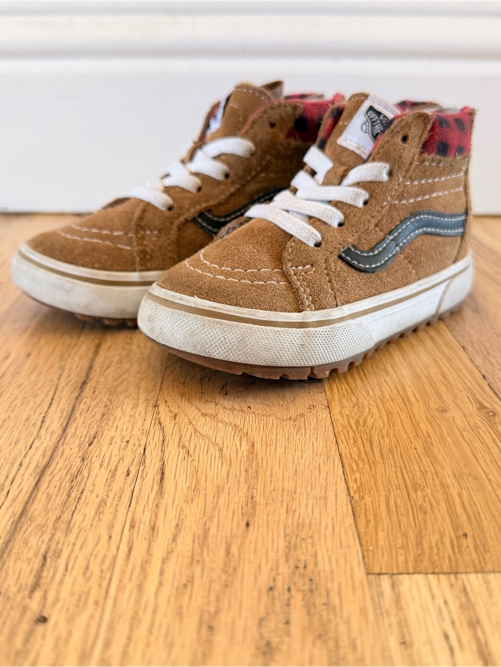 Vans Kids Brown Suede High-Top Sneakers with Red Plaid Collar